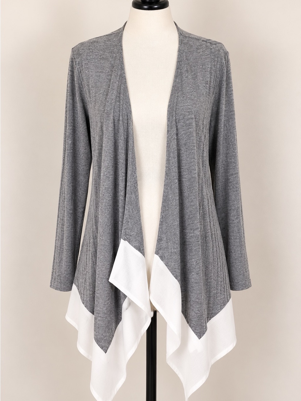 Gray White Waterfall Cardigan Open Front Draped Lightweight L